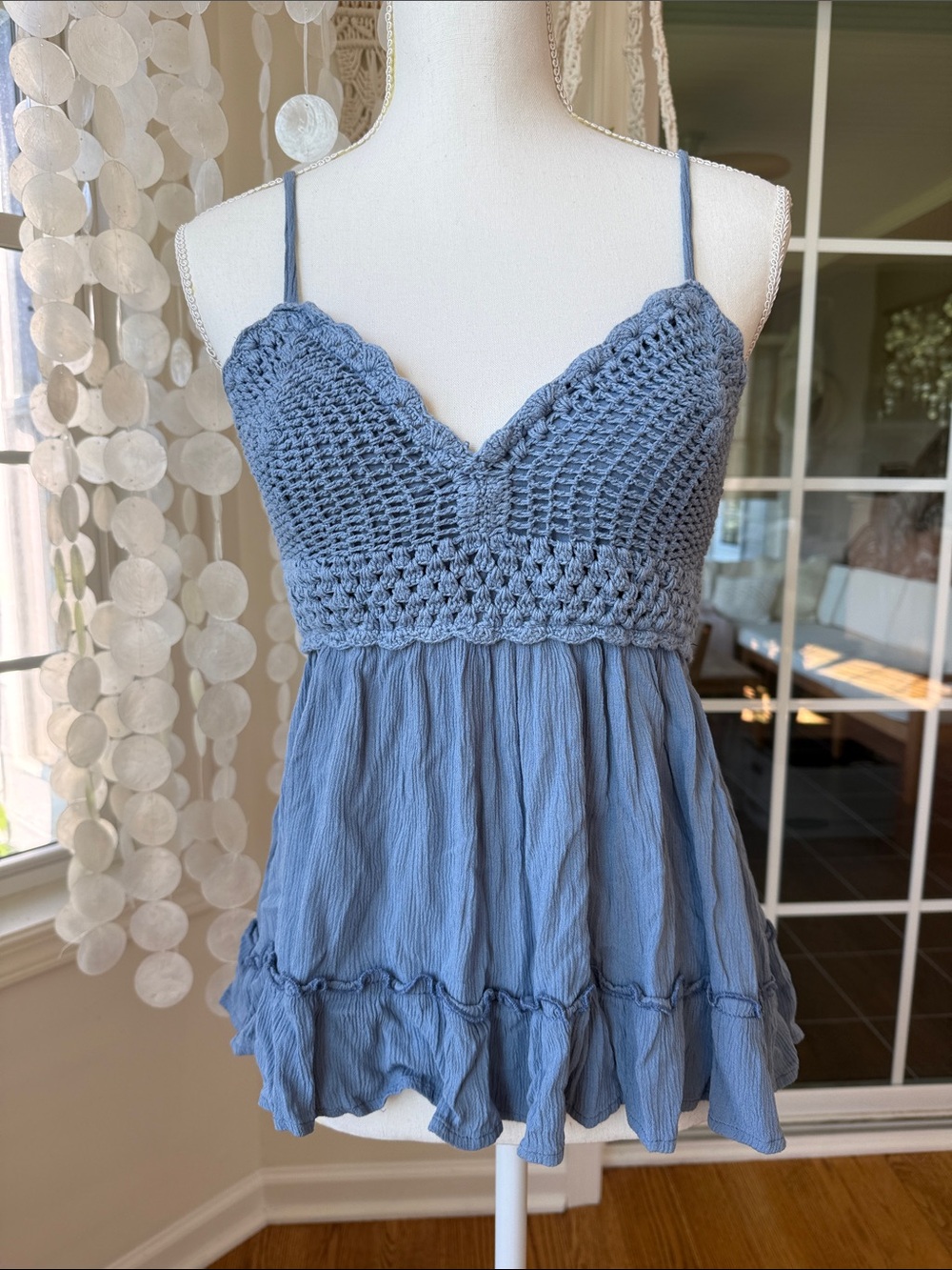 Crochet Bodice Spaghetti Strap Tank - Dusty Blue